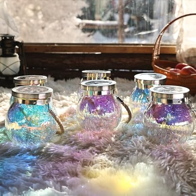 Cooo 2 Pack Iridescent Crackle Glass Solar Lantern Outdoor Waterproof with 215% Larger Solar Panel, Stainless Steel Lid ÿ Rainbow Glass Hanging Light with Cool White LED for Garden Patio Table