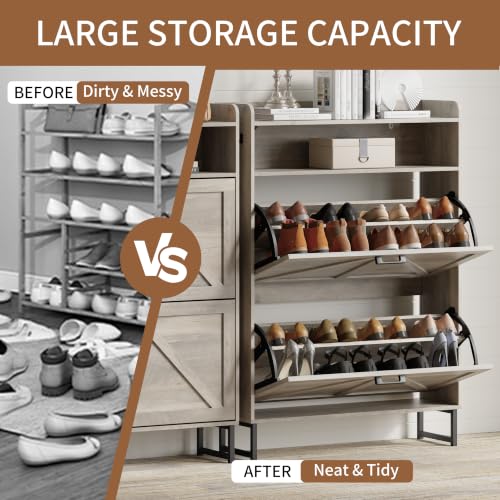Image of Shoe Cabinet with 2 Flip Drawers, Freestanding Hidden Shoe Storage Organizer for Entryway, Narrow Slim Shoe Rack Cabinet with Open Storage & Hooks for Front Door Entrance, Living Room, Hallway, Grey