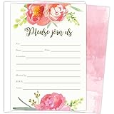 Pink Vintage Floral Set of 25 Fill-in Invitations and Envelopes for Soirees, Bridal Showers, Baby Showers, Birthdays, Graduations, Dinner Parties, Rehearsal Dinners and Bachelorette Parties.