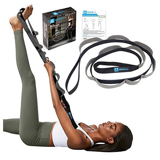 A AZURELIFE Stretch Strap with 11 Loops, Elastic Stretching Strap Band - Stretch Tool for Yoga Physical Therapy, Dance and Pilates, Gymnastics, Hamstring Strength Training with Instruction Guide