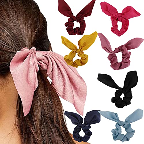 Bow Scrunchies 8 Pcs Hair Ties - Christmas Gifts For Kids Chiffon Satin Scrunchies Silk With Bow Scarf, Solid Stripe Flower Color Bow Scrunchies, Ponytail Holder With Tail, Rabbit Bunny Ear Bowknot Hair Accessories (A4) #TOP12