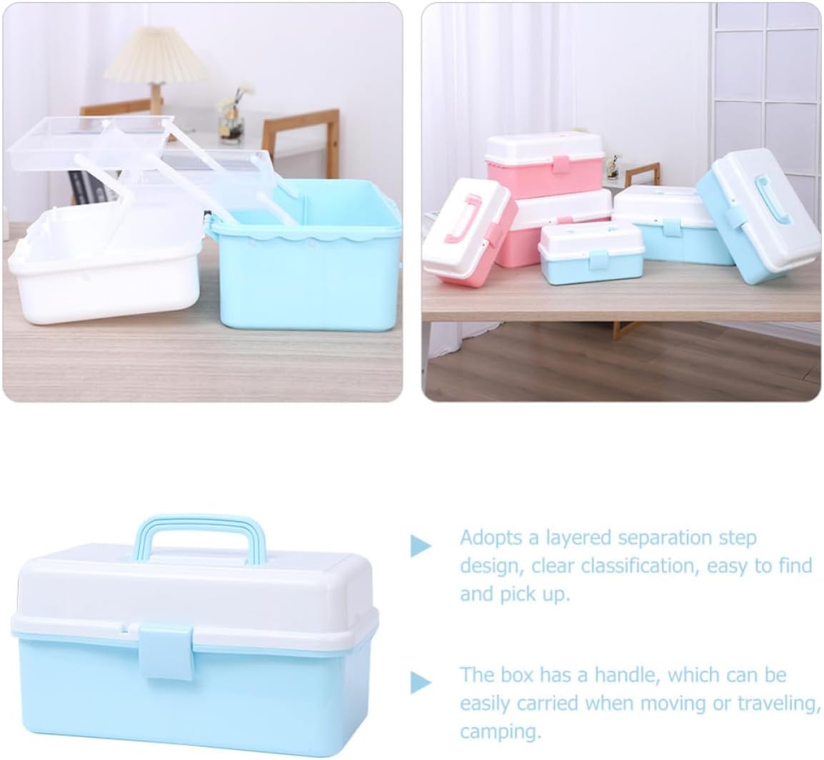 POPETPOP Three Layer PP Art Supply Storage Box with Handle Blue