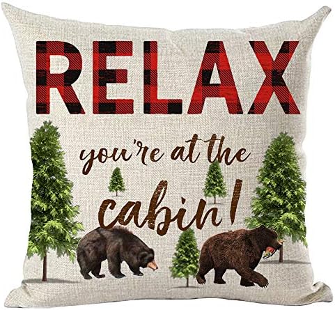 Ramirar Red Brown Word Art Quote Relax You are at The Cabin Bears Froest Trees Decorative Throw Pillow Cover Case Home Living Room Bed Sofa Car Cotton Linen Square 18 x 18 Inches