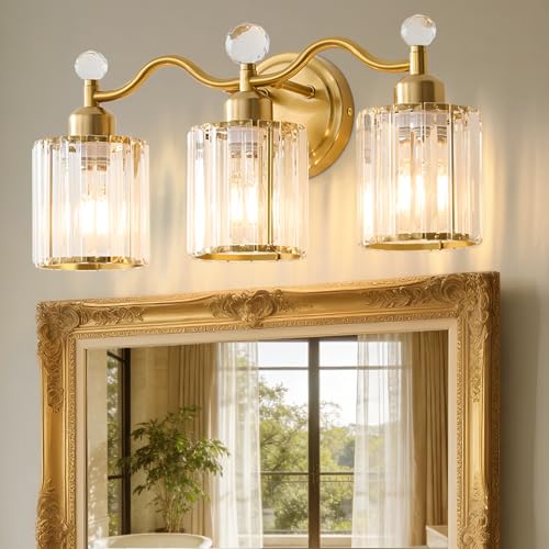 Bathroom Vanity Light Fixtures 3-lights, Gold Crystal Vanity Lights for