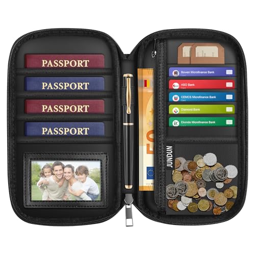 JUNDUN Feuerfeste Reisepass Tasche mit RFID-Schutz - Wasserabweisend Passport Holder Wallet für Ausweise Kreditkarten Bargeld Münze Tickets | Reisepass Organizer Familie 4 Personen