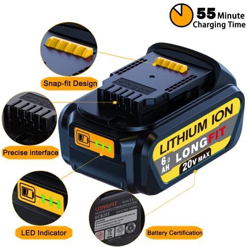 LONG FIT 2 Pack Replace for DeWalt 20v Battery 6.0Ah DCB206, Replace for DeWalt Battery 20V Max DCB205-2 DCB206 DCB204 DCB203 DCB210, Compatible with DeWalt 20V Cordless Power Tools (DCB205)