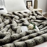 DREAMNINE Premium Luxury Fuzzy Animal Skin Faux Fur Throw Blanket 50' x 60', High-end Reversible Cozy Thick Wolf Fluffy Fox Blankets for Couch, Soft Warm Gray Bear Furry Blanket for Winter, Black Grey