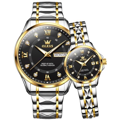 Image of OLEVS Couple Watch Set - His & Her Matching Watches with Luxury Diamond Accents - Romantic Valentine's Day Stainless Steel Original Quartz Men's and Women's Watch Lovers Set