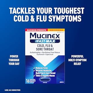 Mucinex Fast-Max Maximum Strength Cold, Flu & Sore Throat Medicine for Adults, Powerful Over-The-Counter Medication for Chest Congestion & Cold and Flu Symptoms, Fast Dissolving Liquid Gels, 16 Count