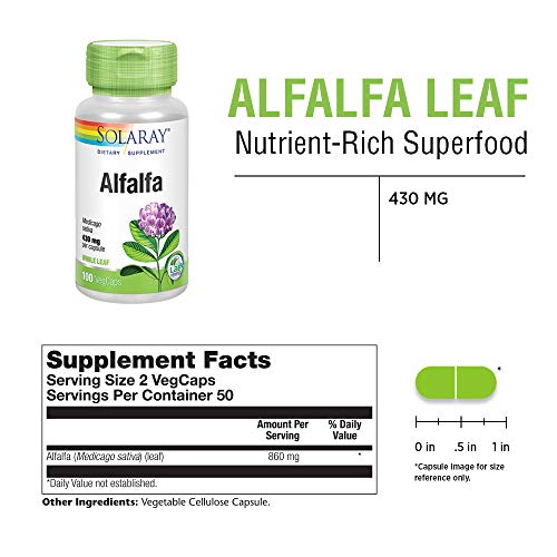 Solaray Alfalfa Leaf 860Mg | Vitamin-Rich Superfood W/ Fiber & Chlorophyll | Healthy Blood, Kidneys & Digestion Support | Non-Gmo, Vegan | 100 Vegcaps #TOP2