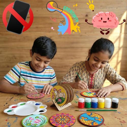 Image of ImagiVibe 3-in-1 Premium Coaster Painting Kit for Kids & Adults | DIY Mandala, Madhubani & Pichwai Art | 6 Pre-Marked Wooden 4 Inch MDF Coasters with Stand | Creative Art & Craft Activity | Gift (Acrylic Paint)