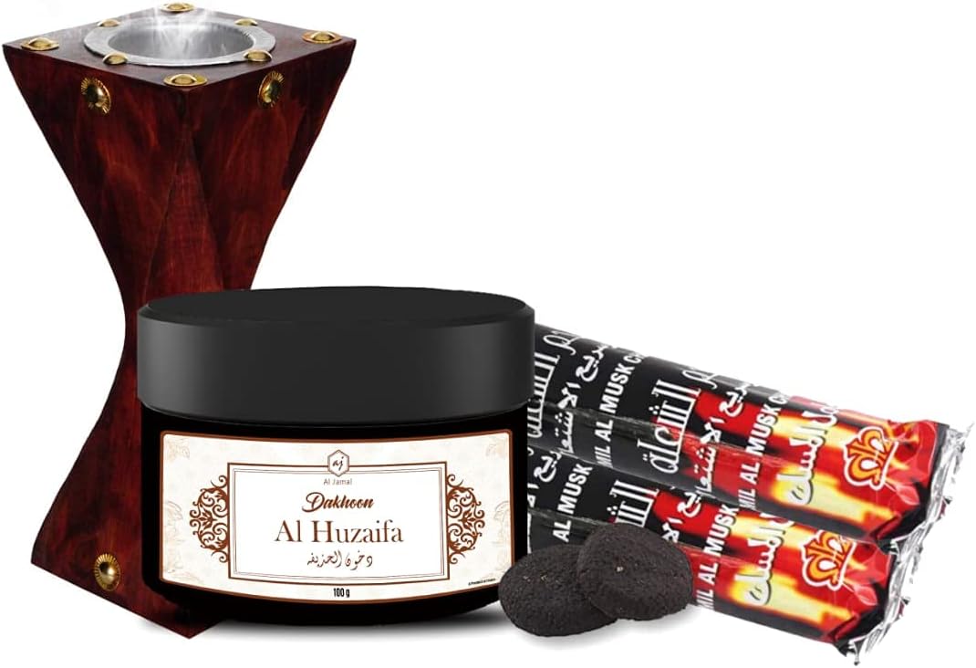 BAKHOOR KIT / 1 Box Bakhur Al Huzaifa / 1 Pc Wooden Incense Burner / 2 Pcs of Charcoal Roll
