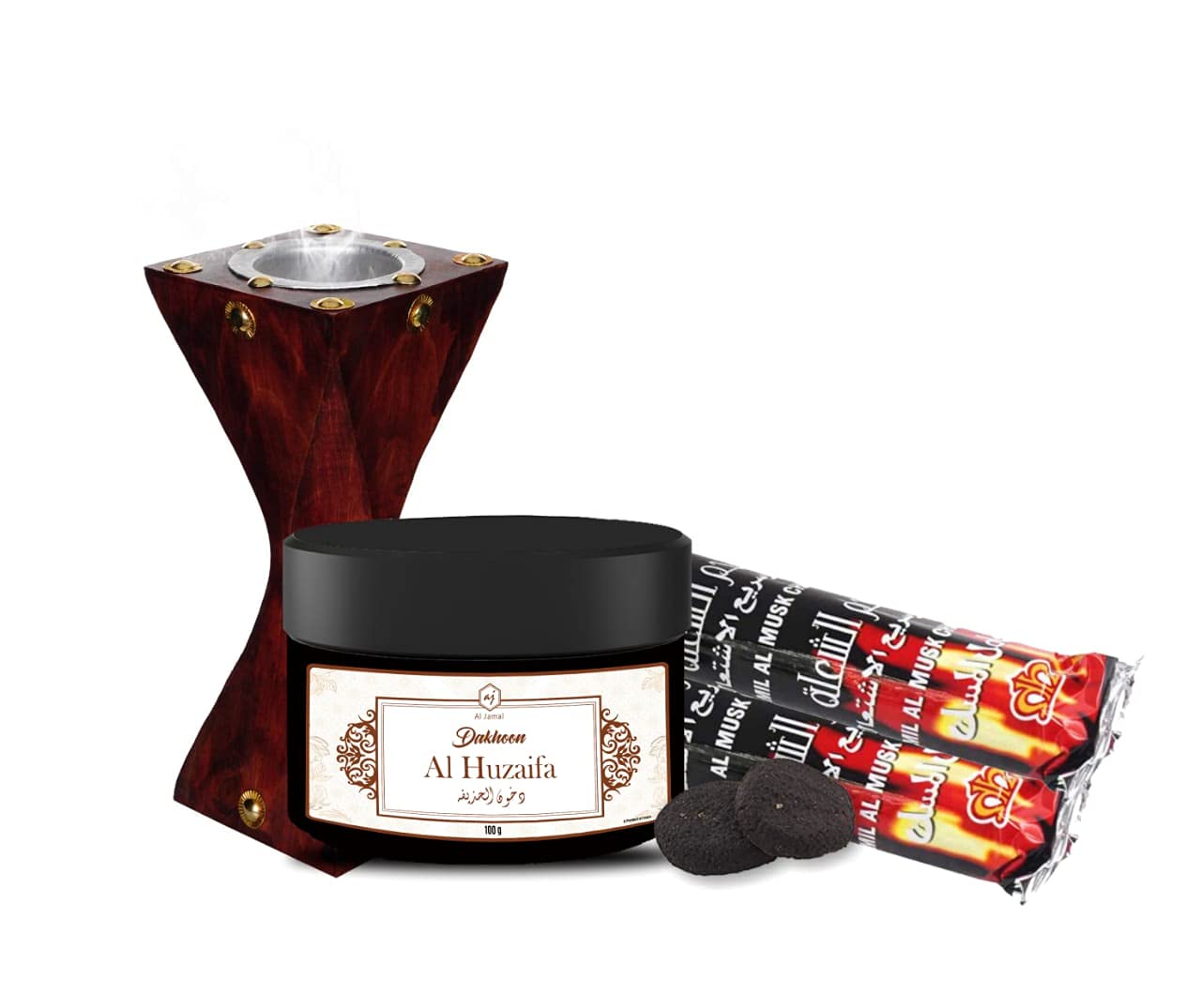 AL MASNOON BAKHOOR KIT / 1 Box Bakhur Al Huzaifa / 1 Pc Wooden Incense Burner / 2 Pcs of Charcoal Roll