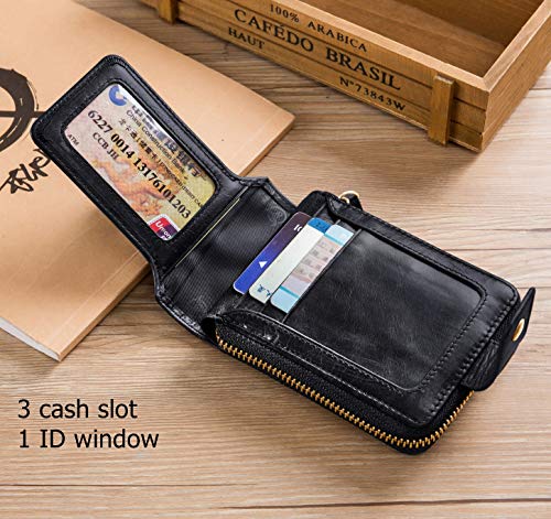BULLCAPTAIN Men Zipper Around Wallet Genuine Leather RFID Blocking Bifold Large Capacity Coin Purse with ID Window (Black)4