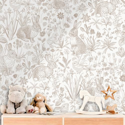 ReWallpaper 17.5in×23ft Beige Bunny Wallpaper Peel and Stick Neutral Countryside