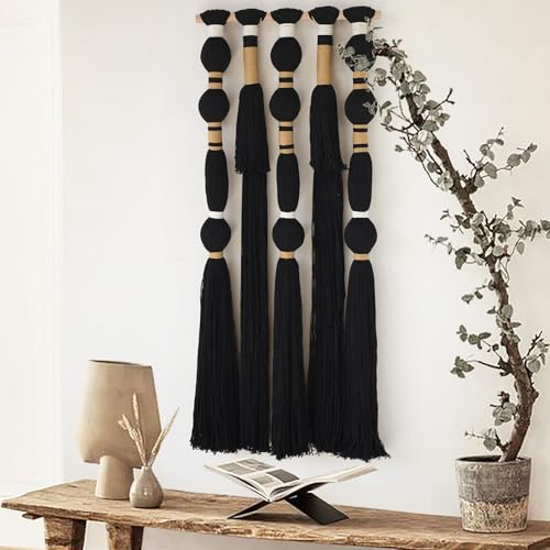 Macrame Wall Hanging Black Sphericity Cotton Tassels Textile Hanging Geometric Yarn Wall Art for Bedroom Living Room Decor 15.7" W x 39" L