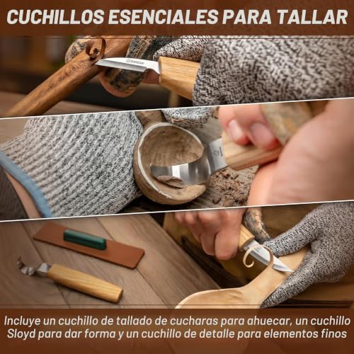 Miniatura 4 de Beavercraft, S13 Juego De Herramientas Para Tallar Madera En Forma De Cuchara 3 Cuchillos Herramientas Rollo De Aserrín De Cuero Y Compuesto Para Pulir Gancho Cuchillo Para Tallar En Forma De Cuchara