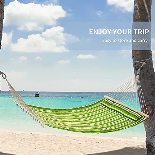 Outsunny Double Cotton Hammock Camping Swing Outdoor Garden Beach Stripe Hanging Bed with Pillow, 188 x 140 cm, 180 KG Capacity, Green - Image 6