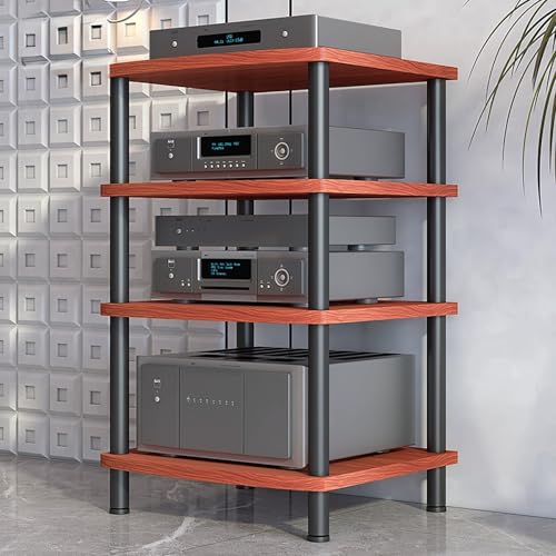 Image of Modern AV Media Stand, 3-Tier Stereo Cabinet with Carbon Steel Frame, Wooden Storage for TV, DVD Players & Accessories(Brown,4 Tier 60x54x89CM)