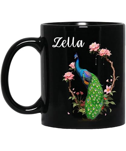 Peacock Coffee Mug Personalized Name Zella 11oz Black Mug, Peacock Gifts for Women, Peacock Bird Mug, Peacock Lover Gifts, Peacock Gift 326546