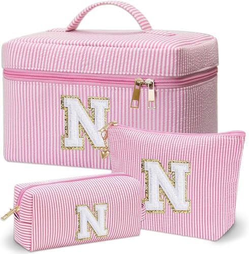 Necessaire de maquiagem com monograma Adoryoung rosa, conjunto com 3