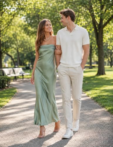 Image of Realtix Summer Satin Strapless Backless Maxi Dress for Women Wedding Guest