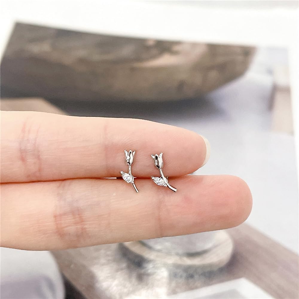 Silver Tulip Stud Earrings for Women 16G Small CZ Rhinestone Flower Flat Back Earrings Studs Conch Helix Cartilage Piercing Jewelry Dainty Ear Jewelry - Image 5