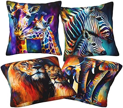 African Animal Painting Lion Elephant Zebra Giraffe Throw Pillow Covers 18 X 18 Inch Set of 4 Decorative Pillow Cases for Couch Sofa Bed