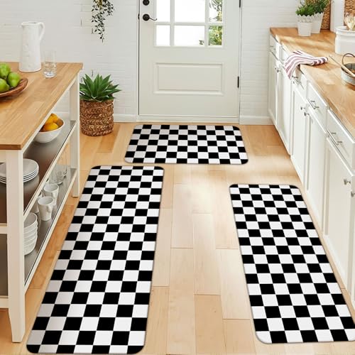 Pangda 3 Pieces Black and White Checkered Kitchen Rug Sets with Runner Non Slip Rugs and Washable Kitchen Mats for Thick Floor Carpet Runner Rugs for Hallway Laundry Decor