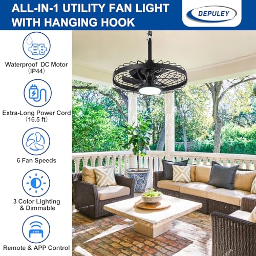 Depuley Outdoor Ceiling Fan with Light: 20" Outdoor Gazebo Hanging Fans with Remote App - Waterproof Plug in Caged Ceiling Fan for Patio Porch Canopy Pergola Black - Image 2