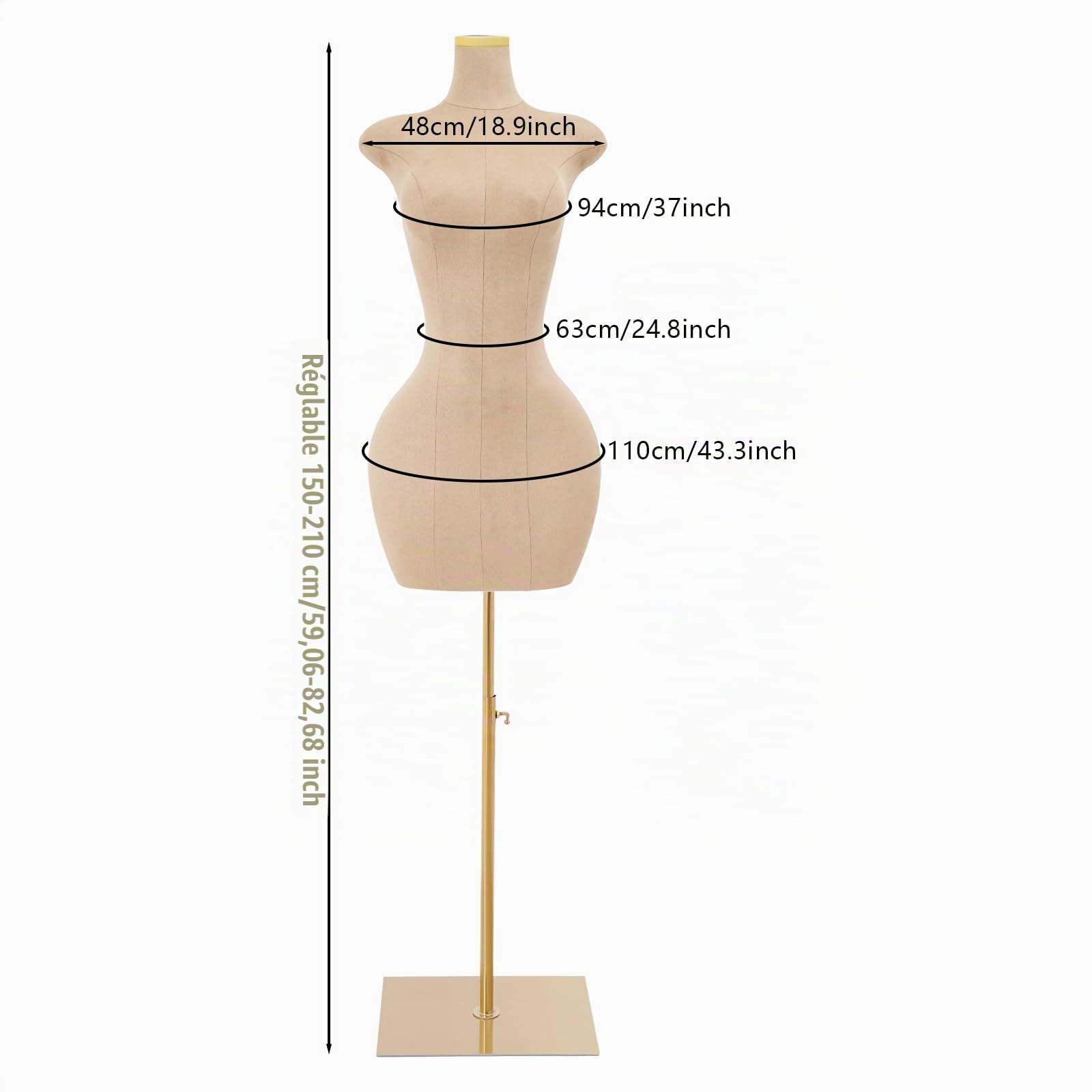 Mannequin de couture | Mannequin de vitrine féminin | Mannequin | Hauteur réglable (150-210 cm) | Mannequin de vêtements | PU et métal | Pour boutiques et ateliers | Avec pied (doré)