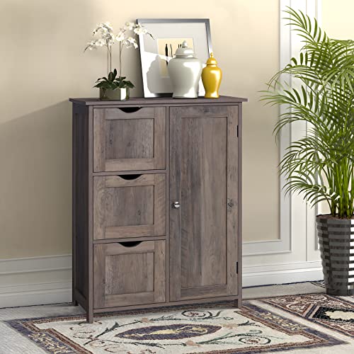 Iwell Floor Storage Cabinet With 1 Door & 3 Large Drawers, Wooden Storage Cabinet With Adjustable Shelf For Living Room, Office, Kitchen, Rustic Oak #TOP1