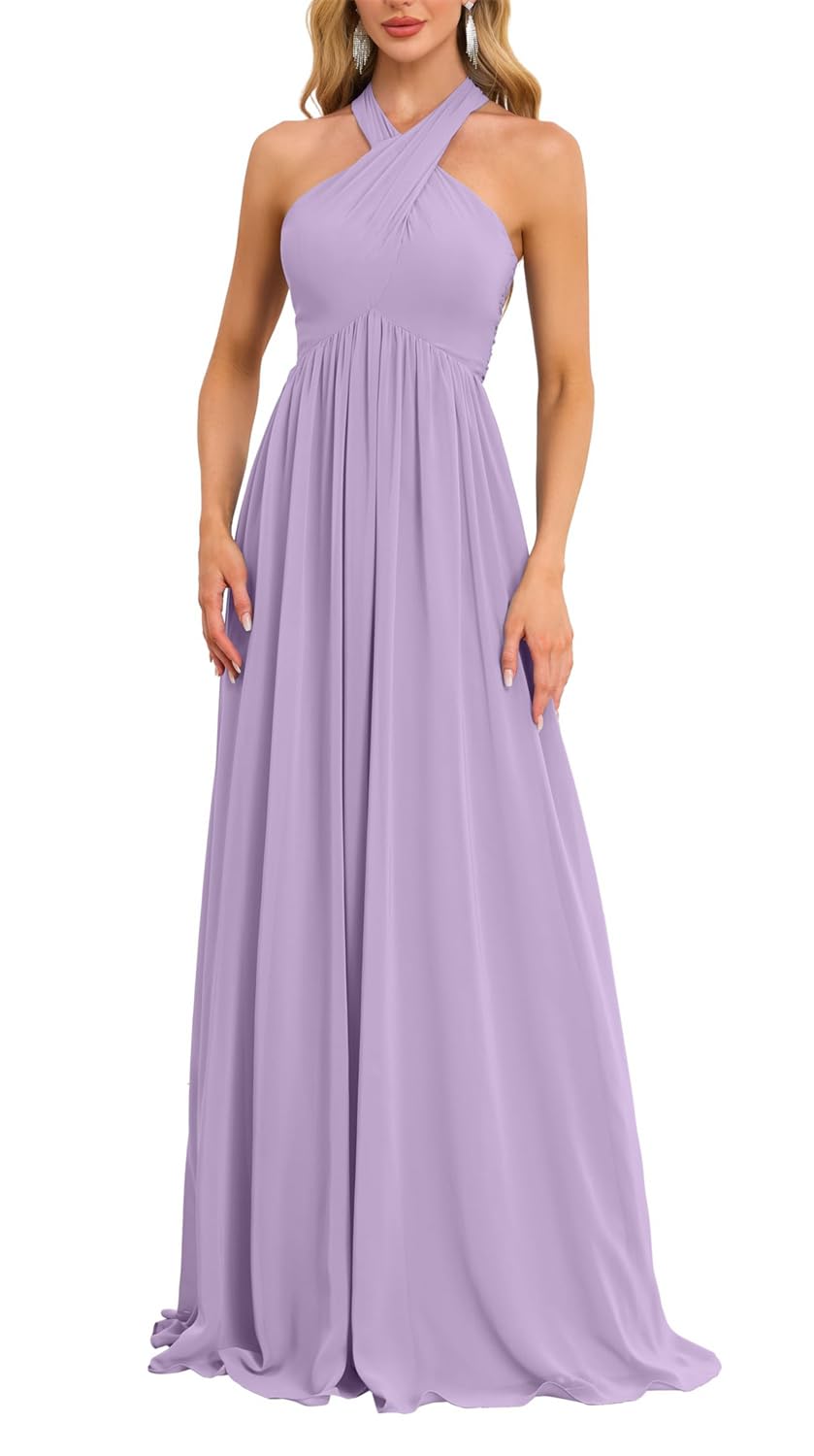 Hppee Women's Lilac Halter Bridesmaid Dresses For Plus Size Chiffon Maid Of Honor Long Formal Dress Evening Gown Uk32