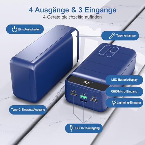 PDBEST 60000mAh Power Bank, 22,5W Powerbank PD USB-C Schnellladefunktion Externe Akku mit 4 Ausgänge und 3 Eingänge, kompatibel mit Smartphone, Tablets, Tablet usw Blue 5