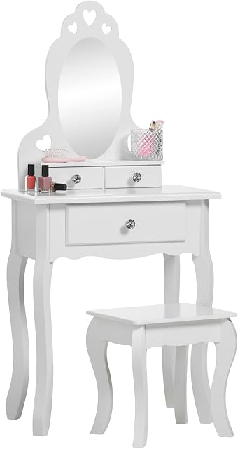 RuneSol Girls Dressing Table (Age 3-7yrs) With Mirror and Stool, Childrens White Wooden Kids Vanity Table with Crystal Knobs Childs Dressing Table Set for a Kid