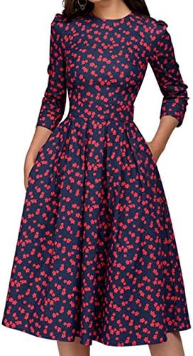 Simple Flavor Women's Floral Vintage Dress Elegant Midi Evening Dress 3/4 Sleeves (Red, M)