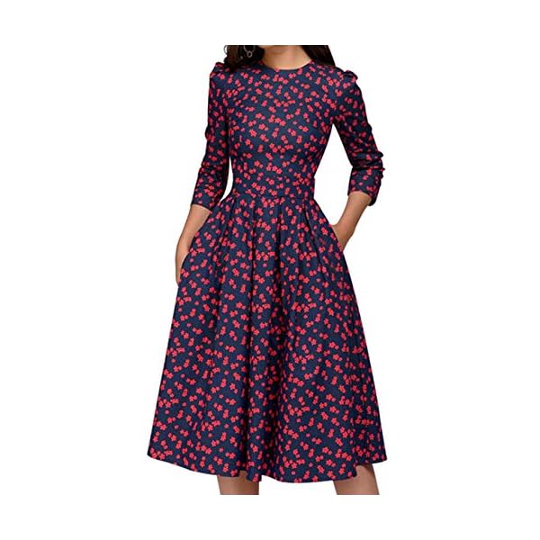 Simple-Flavor-Womens-Floral-Vintage-Dress-Elegant-Midi-Evening-Dress-34-Sleeves Simple Flavor Women's Floral Vintage Dress Elegant Midi Evening Dress 3/4 Sleeves (Red, M)
