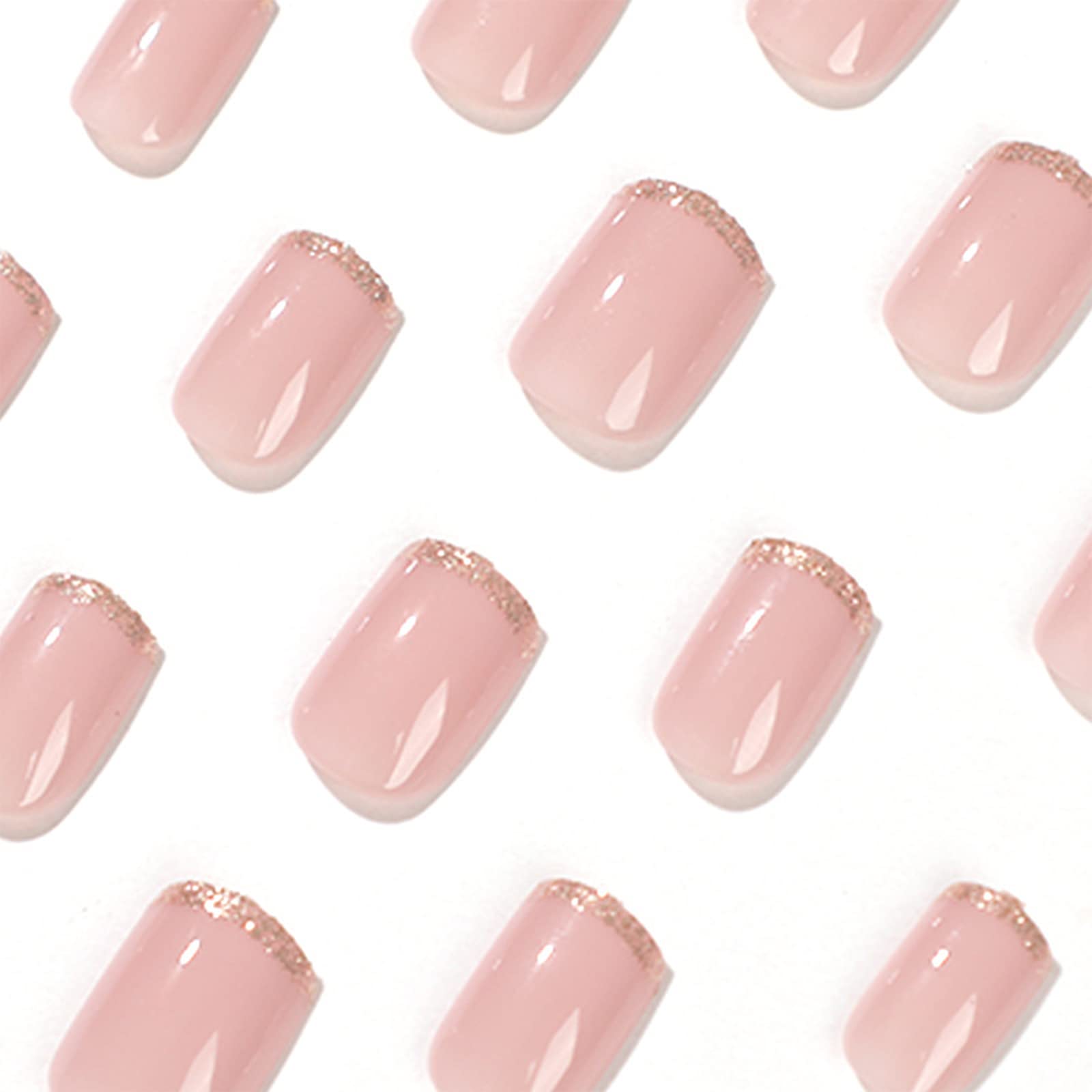 24pcs French Tip False Nails Short, Glitter Gold Edge Stick on Nails Nude Pink Press on Nail Removable Glue on Acrylic Full Cover Fake Nail Art Accessories for Women Girls — view 4