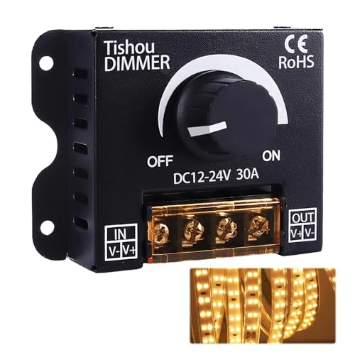 Controlador LED 12V 24V 30A PWM Regulador de Intensidad con Botón On/Off, Dimmer para Tira LED Monocromática 5050 3528, Carcasa de Aluminio Duradera e Instalación Sencilla Compatible con Luces DC