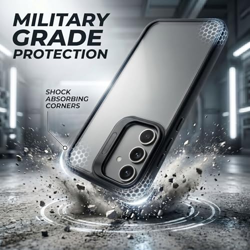 Image of amazon basics Frosted Matte Case for Samsung Galaxy A55 5G | Built-in Flip-Out Camera Lens Stand | Translucent Back with Contrast Black Bumper | Shockproof Protective Cover with Foldable Kickstand