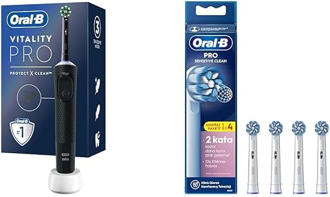 Oral-B Şarjlı/Elektrikli Diş Fırçası Vitality Pro Siyah Koruma ve Temizlik + Oral-B Sensitive X-Filament Şarjlı Diş Fırçası Yedek Başlığı 4 Adet