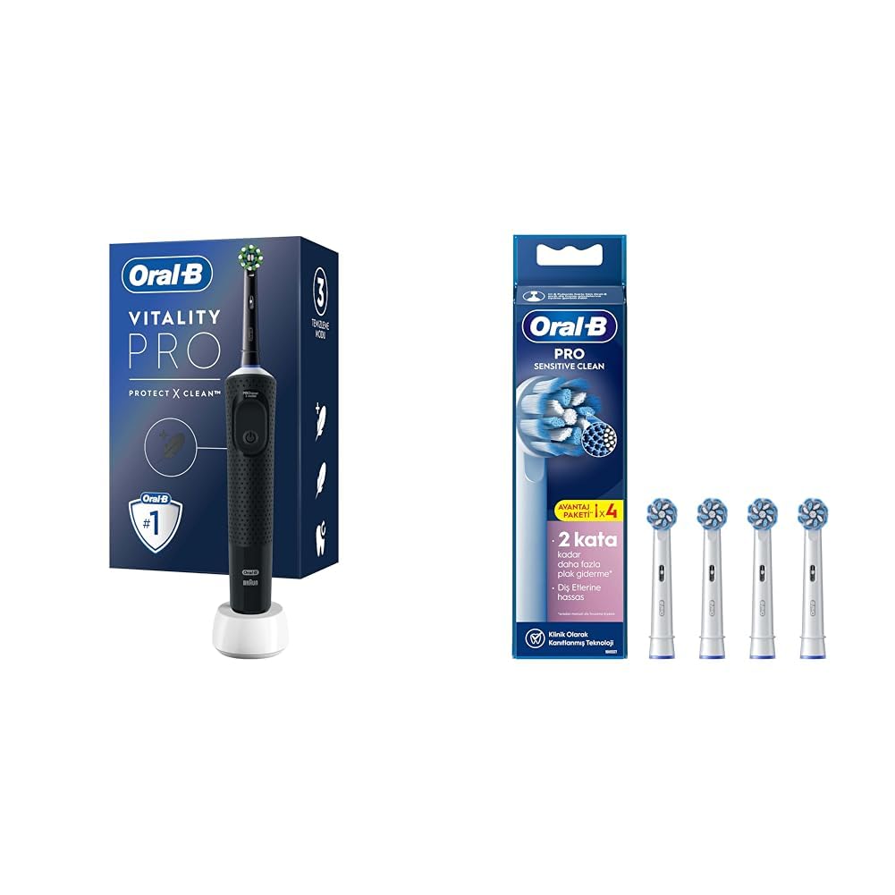 Oral-B Şarjlı/Elektrikli Diş Fırçası Vitality Pro Siyah Koruma ve Temizlik + Oral-B Sensitive X-Filament Şarjlı Diş Fırçası Yedek Başlığı 4 Adet