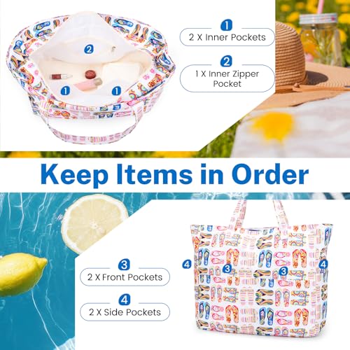 Iioscre Beach Bag for Women, Large Beach Tote Bag with Zipper Pockets, Waterproof Sandproof Swim Bag Pool Vacation Travel4