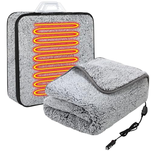 Riakrum 12v Electric Heated Blanket 58 x 43 Inch Fleece Heated Blanket with Temperature Controller, Cigarette Lighter Socket Car Outlet Adapter for Car Winter Cold Weather (Gradient Black)