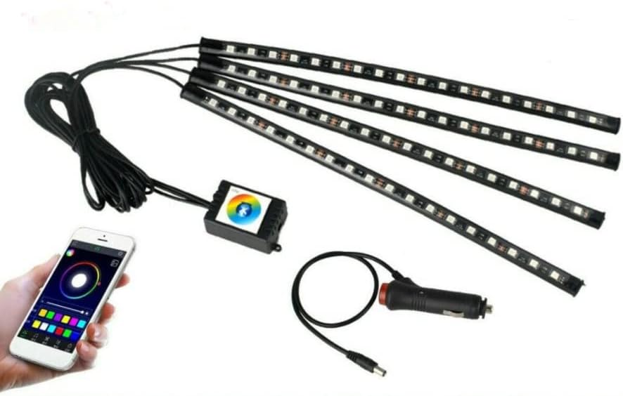 Car LED Strip Light,Bluetooth APP Controlled 4pcs 72 LED Interior Car Lights, Upgraded Waterproof Lighting Kits,Multi DIY Colour Music Under Dash Car Lighting with Car Charger, DC 12V
