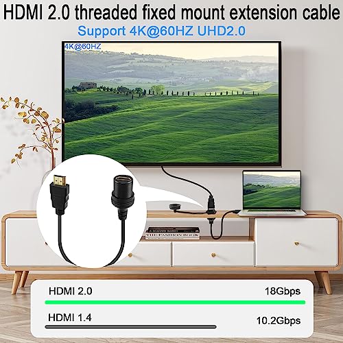 QIANRENON 4K HDMI Threaded Fixed Mount HD Display Waterproof Cable HDMI 2.0 Male to Female Car Dash Mount Extension Cord HDMI 2.0 Panel Mount Socket 4K60Hz - Image 2