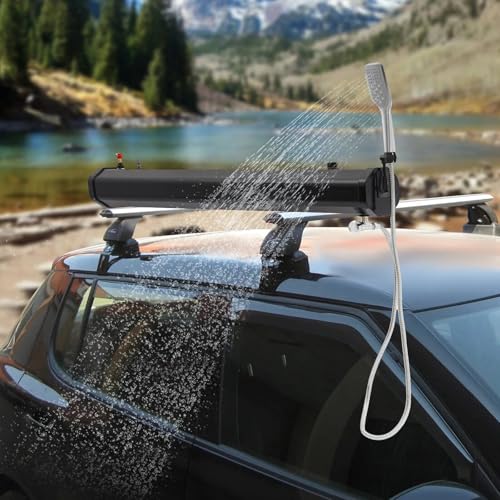 JCSRYD 5.3 Gallon Pressurized Water Tank for Camping Shower, Portable Roof Rack Mounted Off-Road Shower, 44in Water Storage with Spray Hose