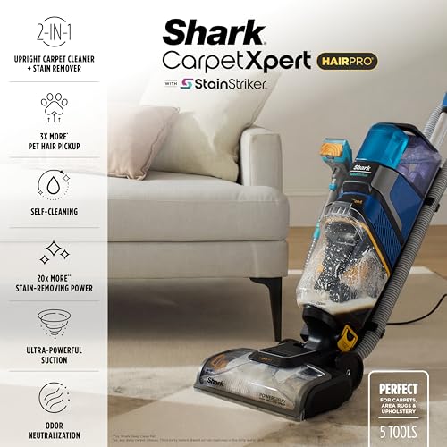 Image of Shark CarpetXpert HairPro | Upright Carpet, Area Rug & Upholstery Cleaner | StainStriker Handheld Tough Stain Remover & Onboard Self Clean | Pet Hair Pickup & Odor Removal | 5 Tools | Navy | EX304
