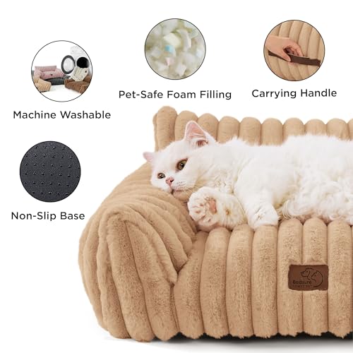 BEDSURE Katzenbett groß orthopädisches Katzensofa - 61x46x25cm Hundesofa kleine Hunde waschbar Katzencouch, rutschfeste Katzenbett flauschig, Kamel