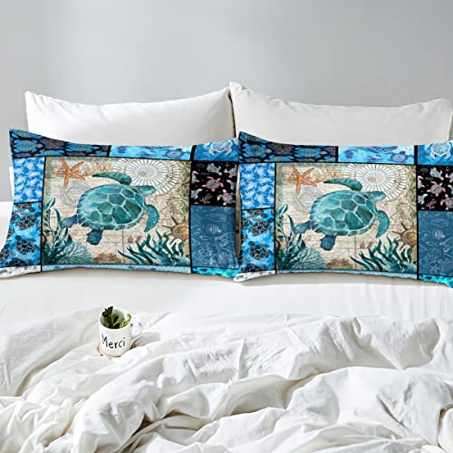 Loussiesd Sea Turtle Bedding Set Blue Boho Tortoise Comforter Cover Set for Kids Women Men Ocean Marine Turtle Duvet Cover Teal Bohemian Bedspread Cover 3Pcs Super King Size - Image 4